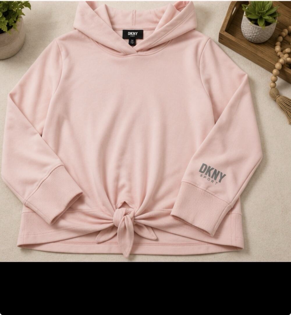 DKNY Sport Pink Tie Front Hooded Sweatshirt Women’s Large Pullover
